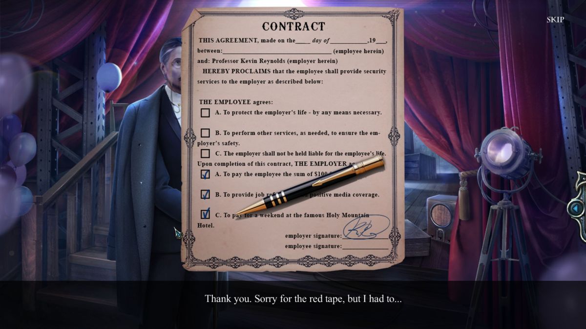 Haunted Hotel: Eternity (Collector's Edition) (Windows) screenshot: Not too crazy about clause C but this is what we get paid for<br><br>Big Fish Games demo