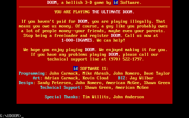 The Ultimate Doom (DOS) screenshot: The quit screen, with some amusing messages