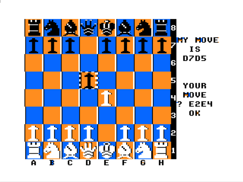 Voxchess (TRS-80 CoCo) screenshot: First Move