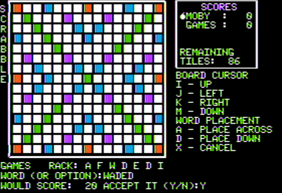 The Computer Edition of Scrabble Brand Crossword Game (Apple II) screenshot: Playing 'Waded'