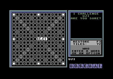 The Computer Edition of Scrabble Brand Crossword Game (Commodore 64) screenshot: My word has been challenged.