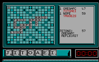 The Computer Edition of Scrabble Brand Crossword Game (DOS) screenshot: A game in progress (CGA) (Micro Scrabble)