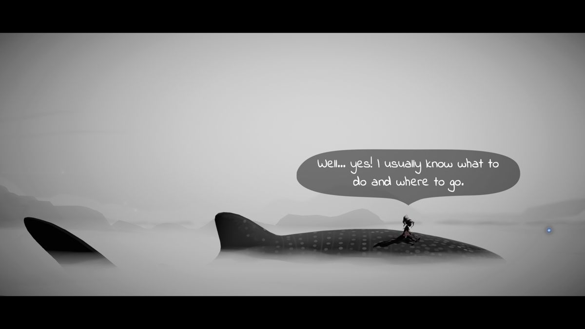 Lost Words: Beyond the Page (Windows) screenshot: Isabella is sad and on top of a whale.