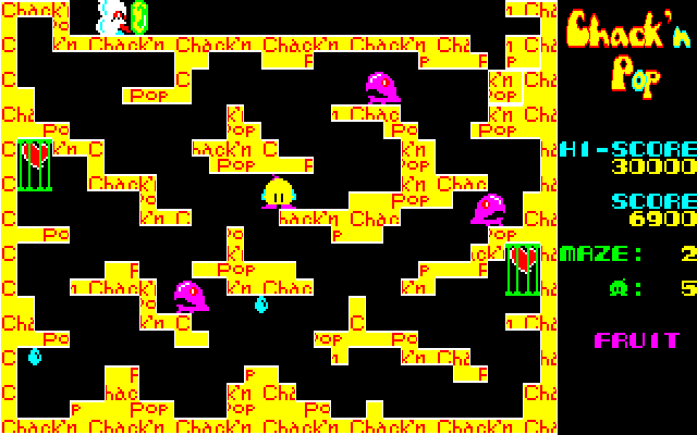 Chack'n Pop (PC-88) screenshot: Monstas hatch out of the eggs that are attached to the ceiling