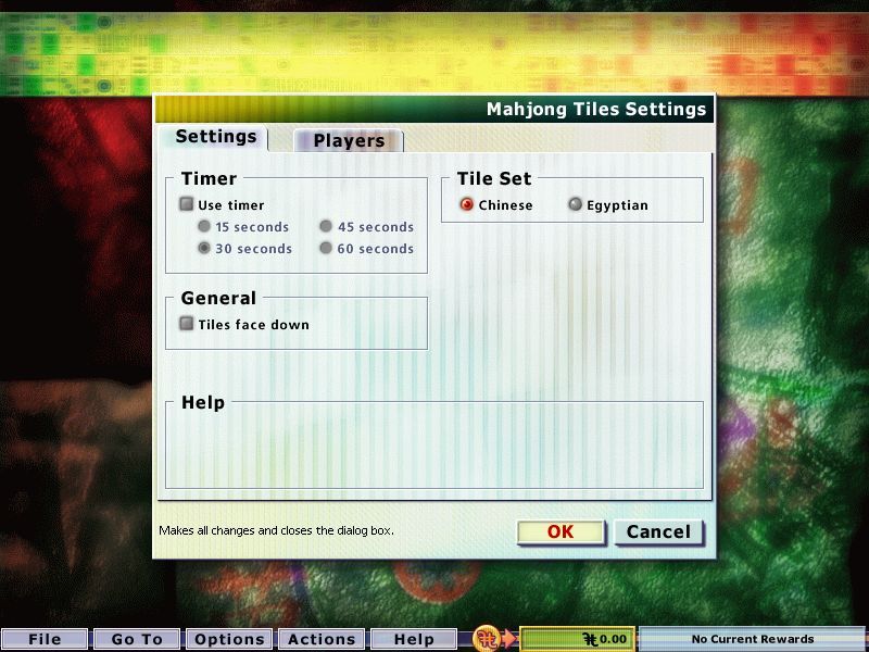 Hoyle Table Games 2004 (Windows) screenshot: Mahjong Tiles: The game configuration options