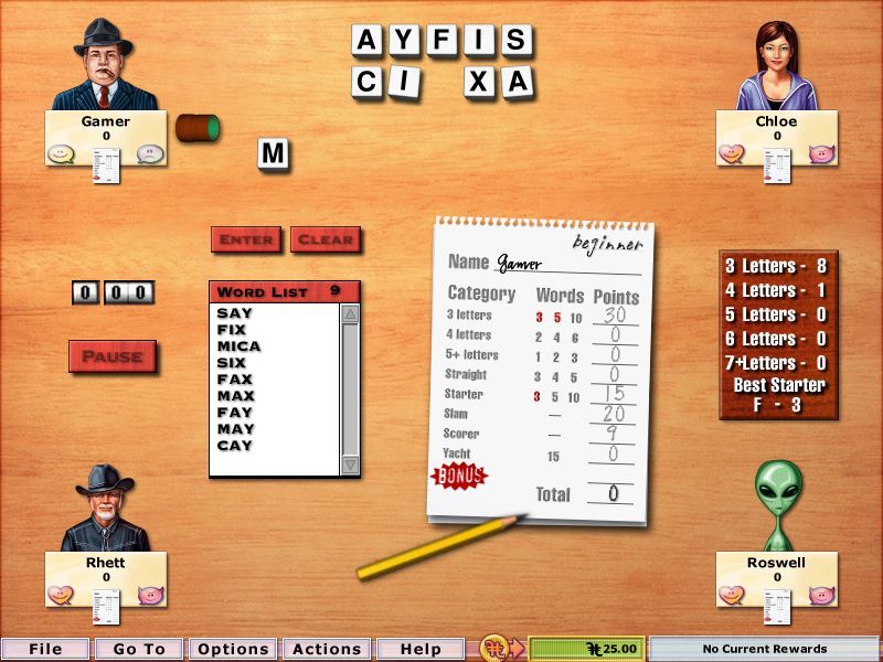 Hoyle Table Games 2004 (Windows) screenshot: Word Yacht: This is a Yahtzee-like game that uses letters