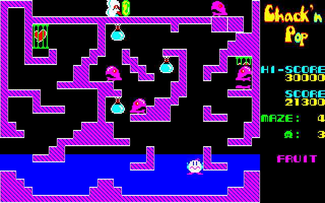 Chack'n Pop (PC-88) screenshot: This maze features water vials, brake those and water will begin to fill the bottom of the screen