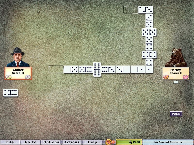 Hoyle Table Games 2004 (Windows) screenshot: Dominoes: The game is nearly over. Neither of us can play so it comes down to who has the most spots and, looking at what has been played, that's going to be me
