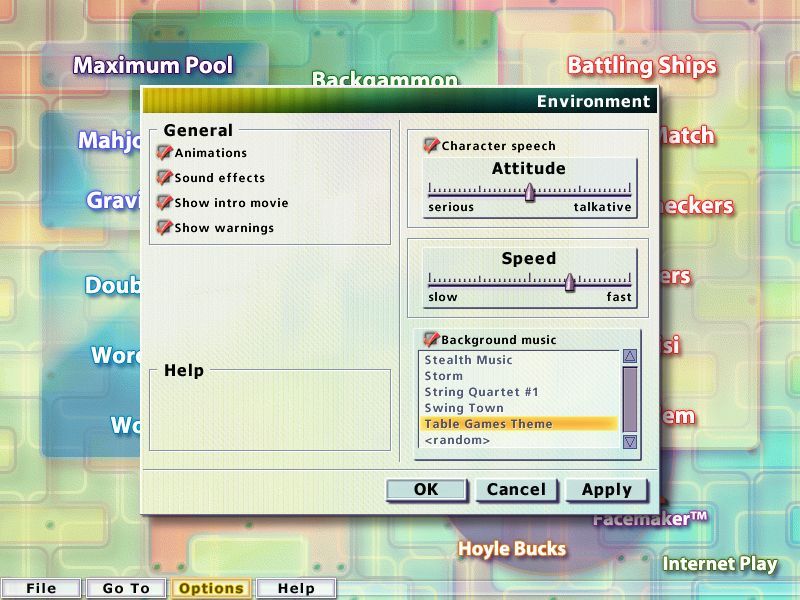 Hoyle Table Games 2004 (Windows) screenshot: The in-game configuration options. Initially the alternate music tracks ate locked, they need o be purchased with in-game currency