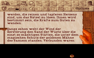 Die Goldene Mähne des Samson (DOS) screenshot: This book gives some exposition: there's legendary treasure hidden somewhere, and the fate of the world depends on it not falling into wrong hands. Who'd have thought?