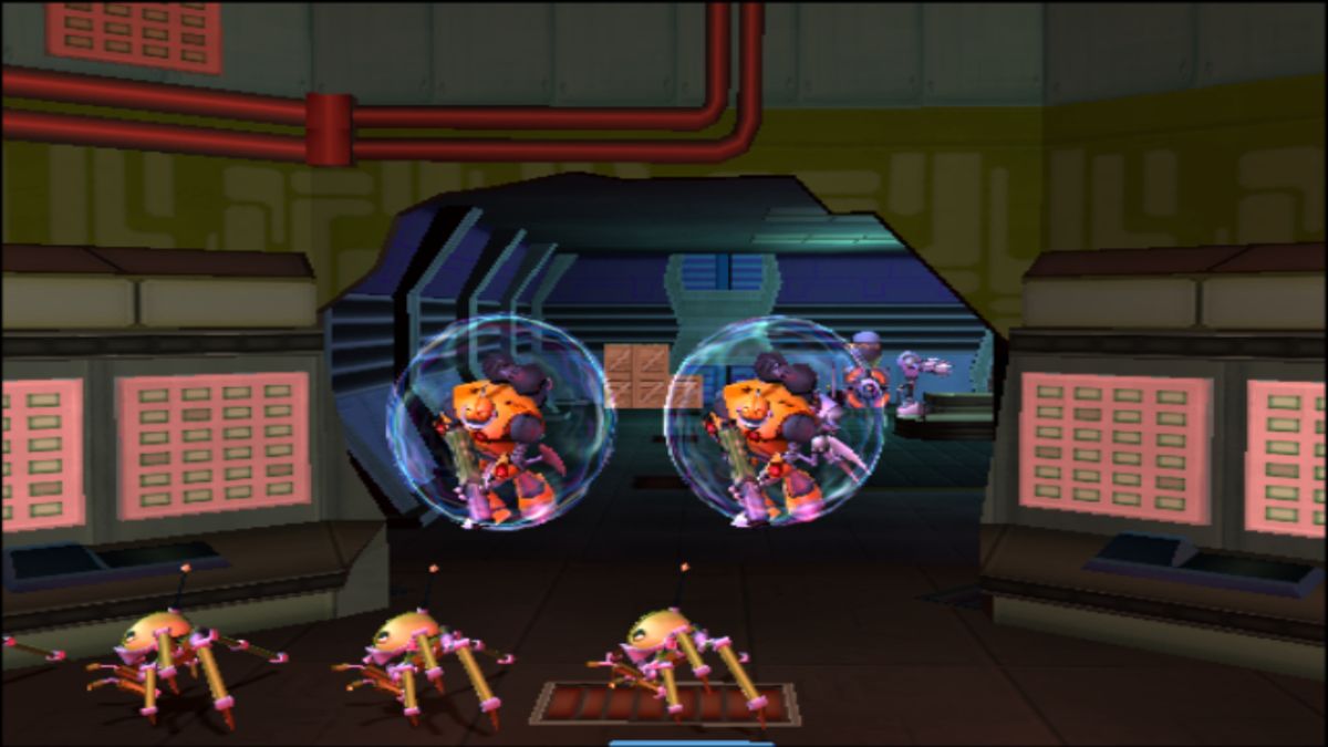 Ratchet & Clank: Size Matters (PlayStation 2) screenshot: Robotic enemies of Medical Outpost Omega