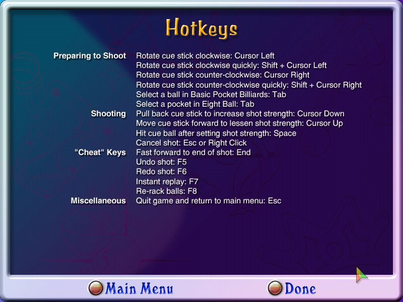 Hoyle Table Games 2004 (Windows) screenshot: Maximum Pool: The game uses a combination of mouse and keyboard to play