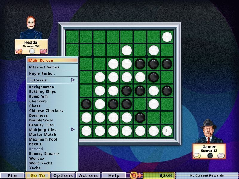 Hoyle Table Games 2004 (Windows) screenshot: Reversi: This is a standard two player, mouse controlled game. The GoTo menu is present in every game and it is how the player leaves this game for either another game or the main menu.