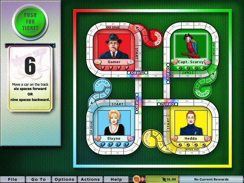 Hoyle Table Games 2004 (Windows) screenshot: Bump 'em: The game is similar to Pachisi. The differences being that<br>- movement is controlled by tickets and not by dice<br>- Each player has their own HOME area