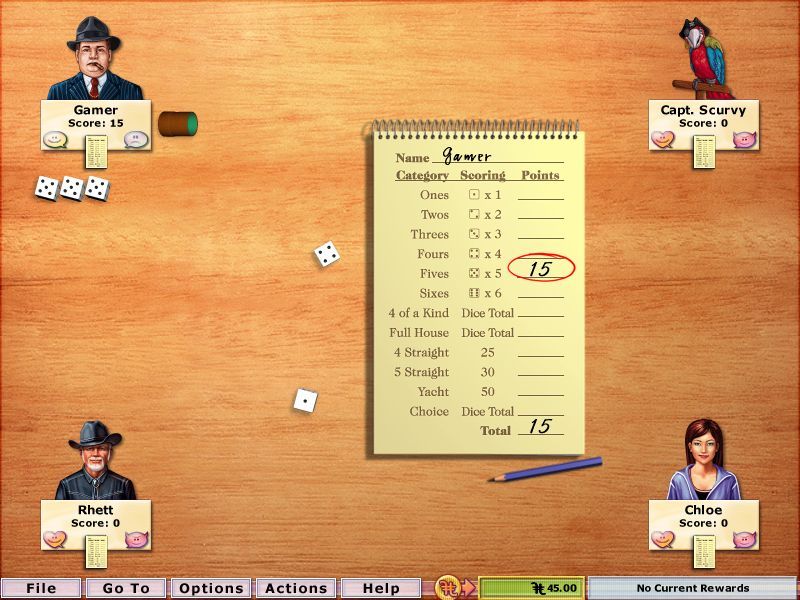 Hoyle Table Games 2004 (Windows) screenshot: Yacht: This is a dice game that is very similar to Yahtzee, it plays the same but the scoring is slightly different
