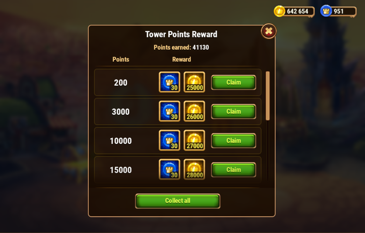 Hero Wars (Browser) screenshot: Tower rewards