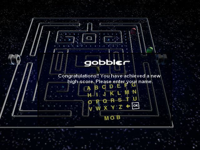 Daily Star: Sci-Fi Saturday - The Entertainment Trilogy (Windows) screenshot: Gobbler: Entering a high score. All games have a high score table and use the same input method. The name is limited to three characters