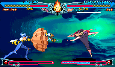 Vampire Savior 2 (Arcade) screenshot: Q-Bee has activated the universal Dark-Force, as indicated by the change in background.