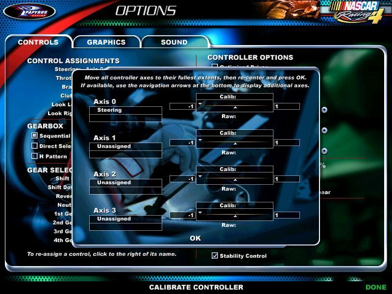 NASCAR Racing 4 (Windows) screenshot: The controller configuration screen. Other configuration tabs control the graphics and the sound