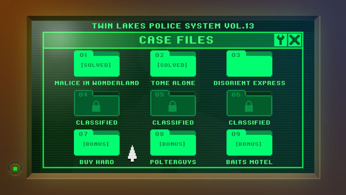 The Darkside Detective (Windows) screenshot: Case selection with all cases unlocked.