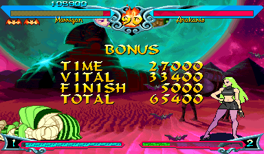 Vampire Savior 2 (Arcade) screenshot: Victory pose and the total score earned for this match.