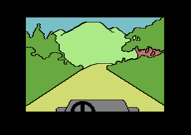 The Mask of the Sun (Commodore 64) screenshot: Some events (such as driving the jeep) are accompanied by small animations