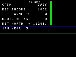 Fortune Builder (ColecoVision) screenshot: Summary for January of year five. The last year in the game.