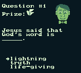 Spiritual Warfare (Game Boy) screenshot: A Bible-related quiz that occasionally appears in the game.