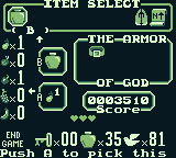 Spiritual Warfare (Game Boy) screenshot: Inventory screen.