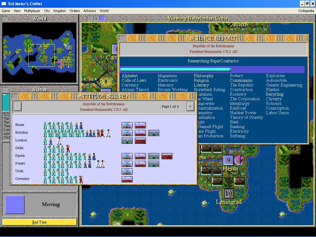 Sid Meier's CivNet (Windows 3.x) screenshot: Science and Attitude reports