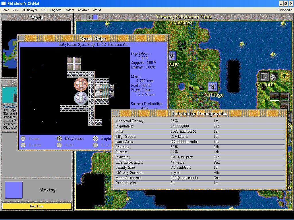 Sid Meier's CivNet (Windows 3.x) screenshot: Demographics and Space Ship