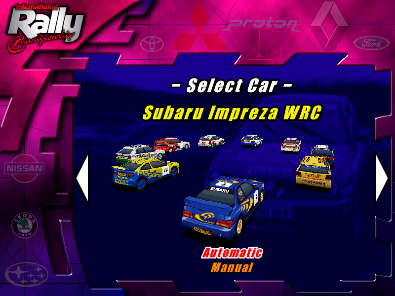 International Rally Championship (Windows) screenshot: Select car screen