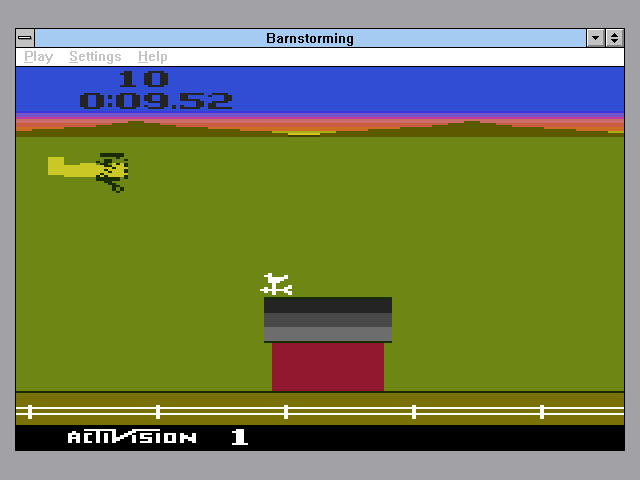 Activision's Atari 2600 Action Pack 2 (Windows 3.x) screenshot: Barnstorming had the classic Activision graphical finesse, with the beautiful sunset in the background and sharp looking sprites.