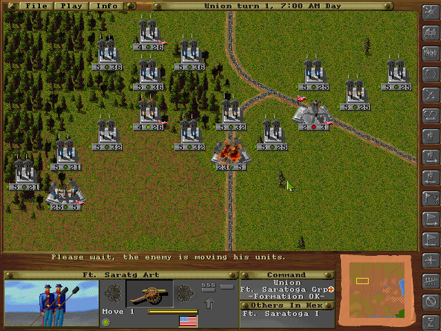 Wargame Construction Set III: Age of Rifles 1846-1905 (DOS) screenshot: Unit hit by canon fire.