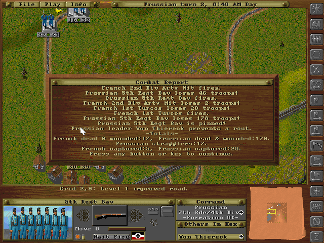 Wargame Construction Set III: Age of Rifles 1846-1905 (DOS) screenshot: Report after melee combat.