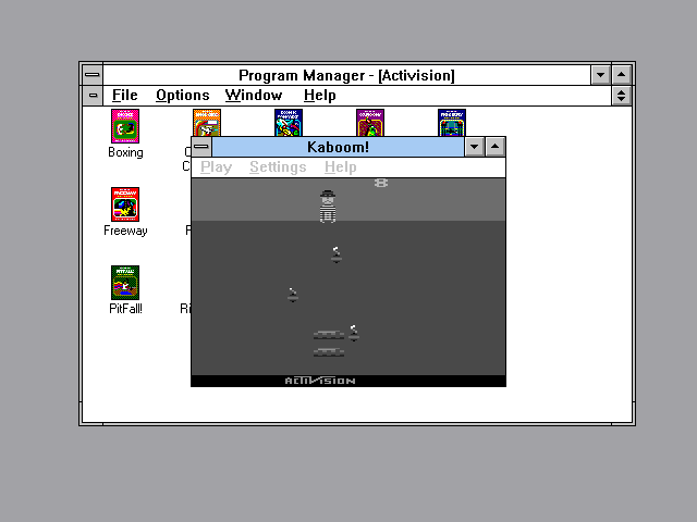 Activision's Atari 2600 Action Pack (Windows 3.x) screenshot: Playing Kaboom in black and white.