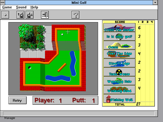 Twisted Mini Golf (Windows 3.x) screenshot: Negotiating the final level, called the Wishing Well.