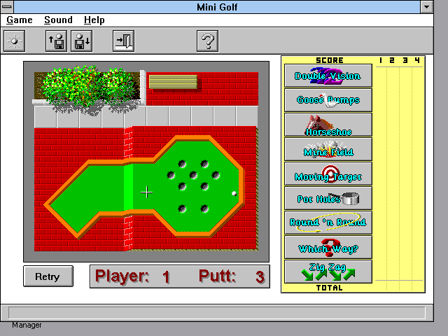 Twisted Mini Golf (Windows 3.x) screenshot: The Imagination course adds fake holes and other strange features.