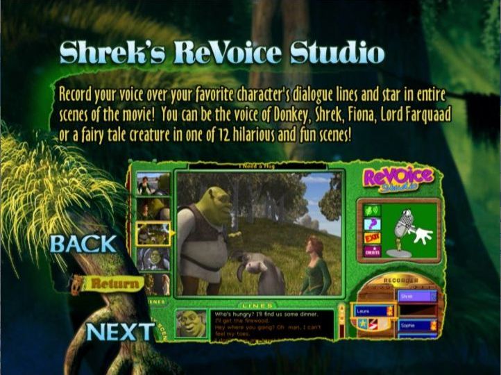 Shrek (included games) (DVD Player) screenshot: This is the description of Shrek's ReVoice Studio<br>These descriptions are also used when the games are selected on the computer, though without the Back/Next/Return buttons