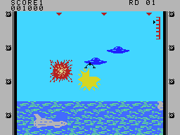 SubRoc 3-D (ColecoVision) screenshot: Blasting the alien saucers.