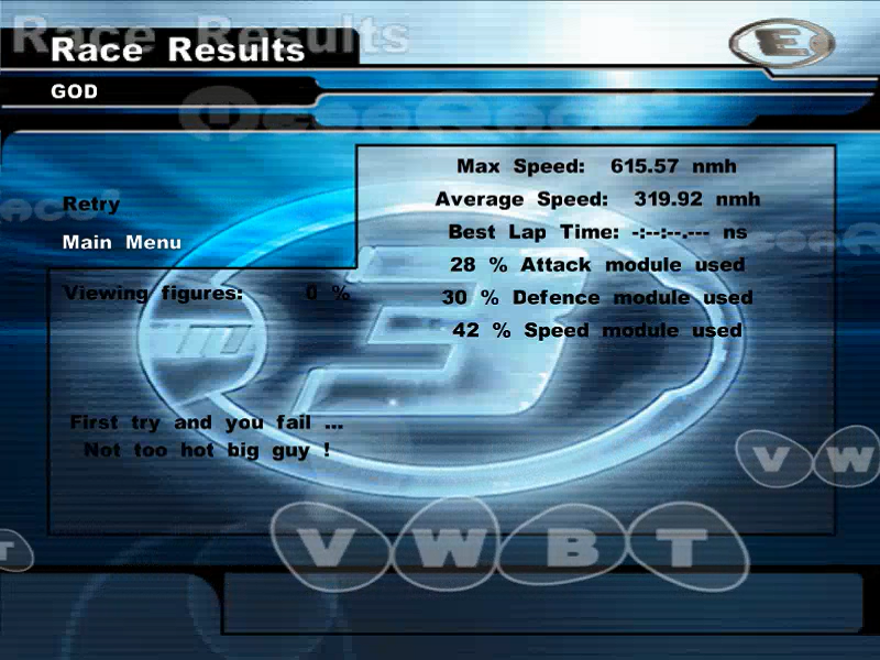 MegaRace: MR3 (Windows) screenshot: Post-mission screen