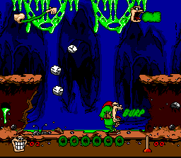 Boogerman: A Pick and Flick Adventure (SNES) screenshot: Burping doesn't help much against the attacks of this boss