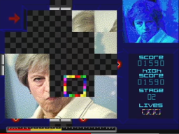 Foreign Cabinet (ZX Spectrum Next) screenshot: Puzzle two - British Prime Minister (2016-2019), Theresa May.