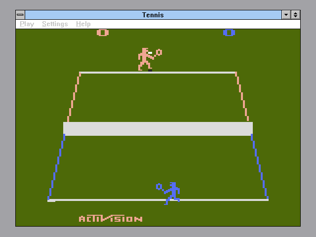 Activision's Atari 2600 Action Pack 2 (Windows 3.x) screenshot: Activision's early sports games were often compared to Atari's own substandard sports offerings. The character detail in Tennis was impressive for the time.