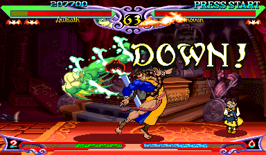 Vampire Hunter 2 (Arcade) screenshot: Aulbath closes a round against Donovan with his Trick Fish.