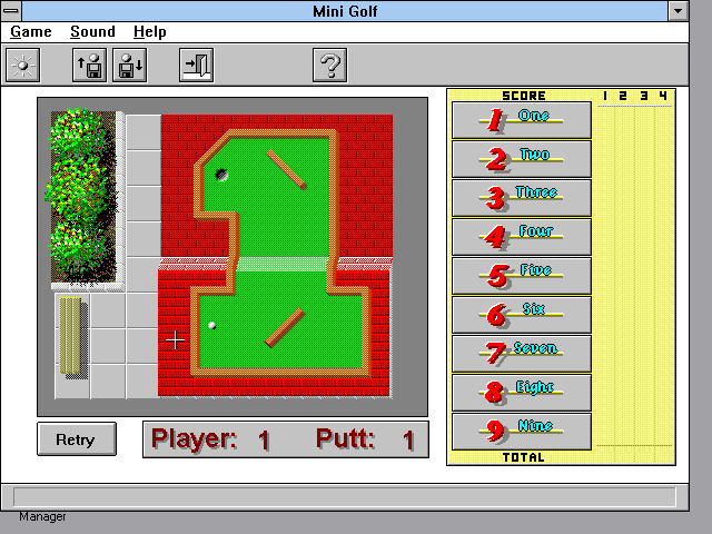 Twisted Mini Golf (Windows 16-bit) screenshot: Starting the Easy as 1 2 3 course.