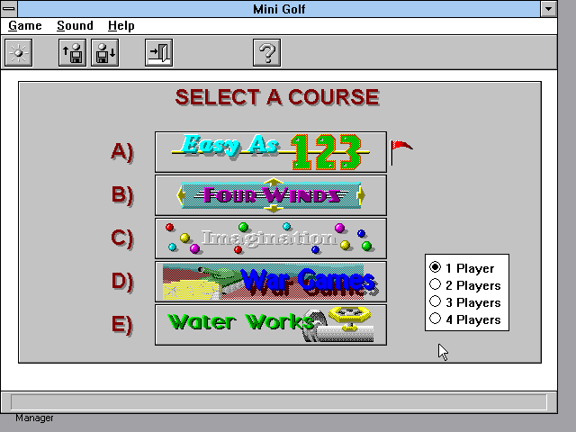 Twisted Mini Golf (Windows 3.x) screenshot: Course selection.