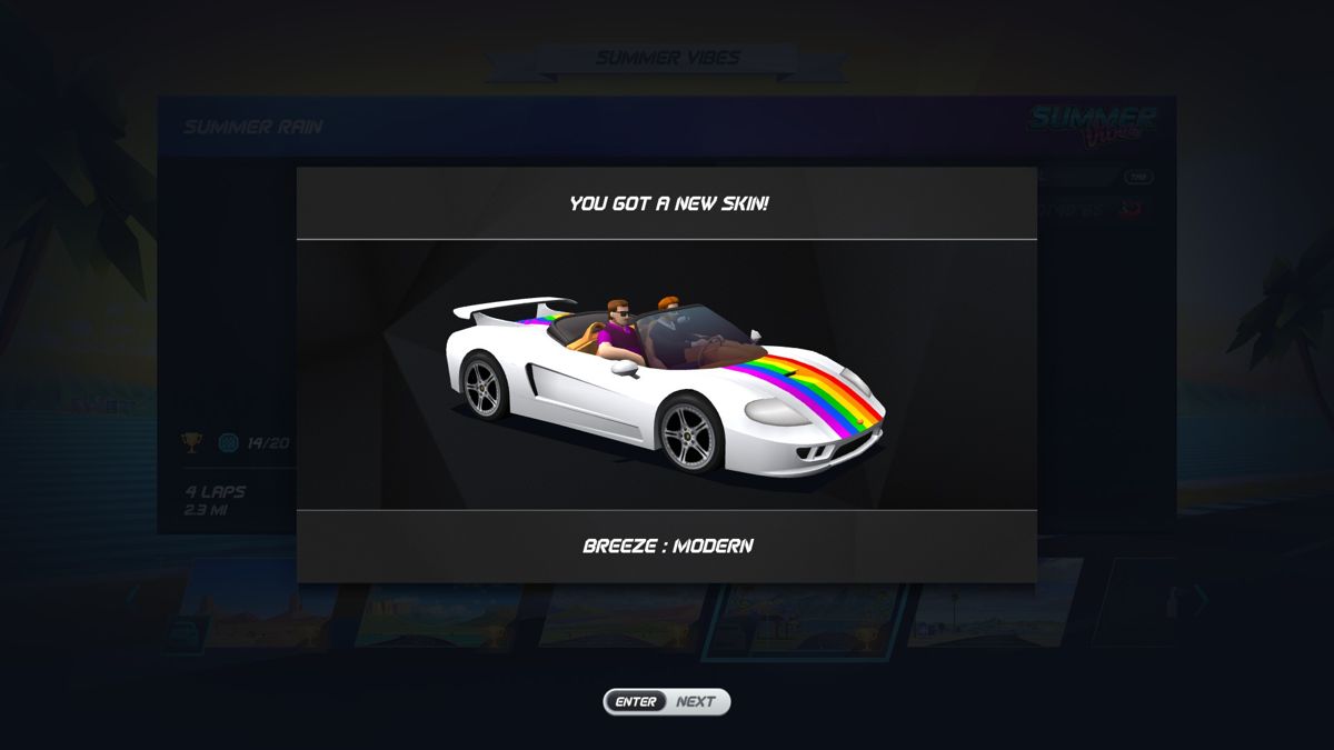Horizon Chase Turbo: Summer Vibes (Windows) screenshot: This skin is apparently inspired by the TV show Modern Family