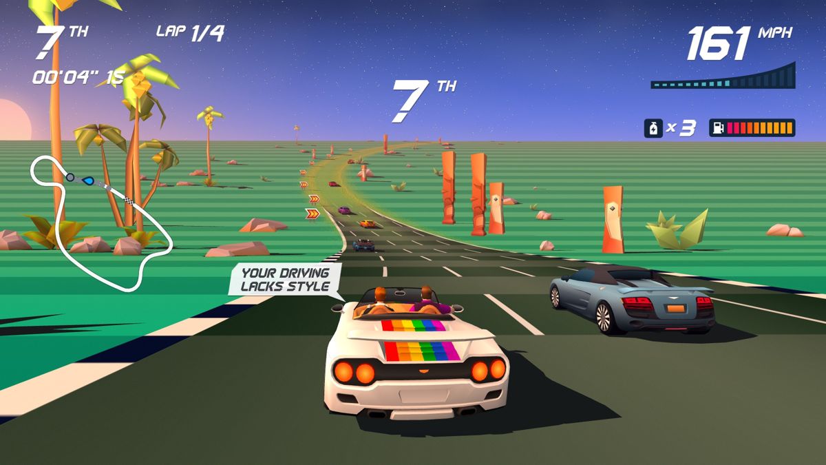 Horizon Chase Turbo: Summer Vibes (Windows) screenshot: Can't argue with the guy driving the Rainbow Ferrari!