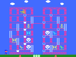 Memory Manor (ColecoVision) screenshot: In the first part of the level, you fly the helicopter around the building, filling up buckets with water. Try to remember where the prizes and frowning faces are located.